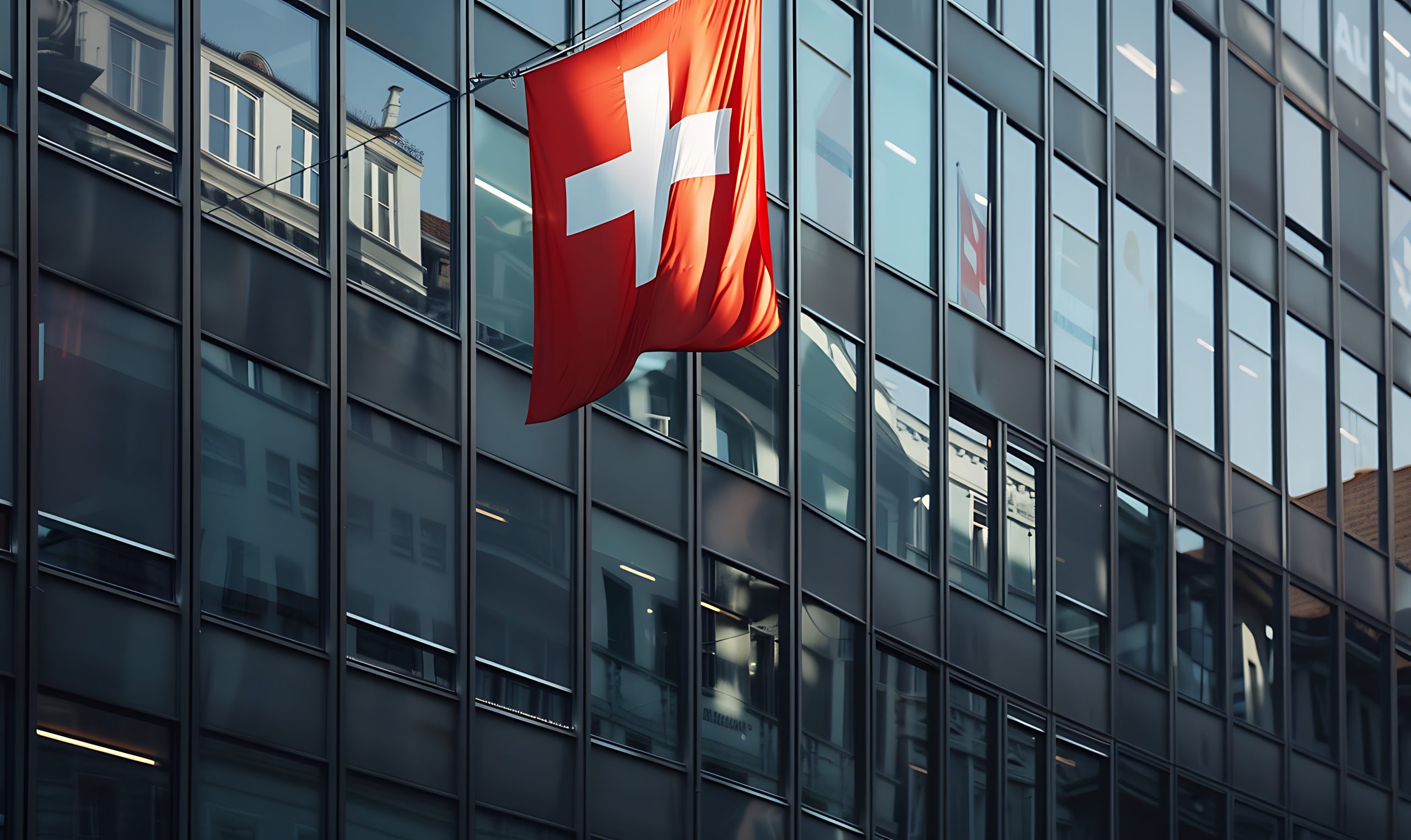 Flag of Switzerland on the facade of a building